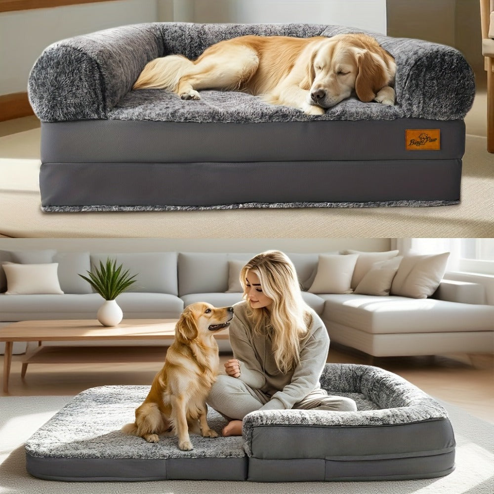Cama Extra Grande para Perros Adecuada para Adultos | Cama Ortopédica para Siesta con Piel Sintética Lavable | Plegable y Portátil, Adecuada para Sala de Estar, Salón | Proporciona Espacio Amplio para Dormir para Adultos y Mascotas