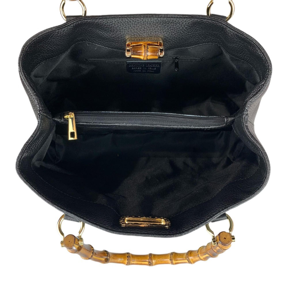 Bolso de cuero real con asas de bambú hecho en Italia, bolso de mujer, bolso de bambú de cuero