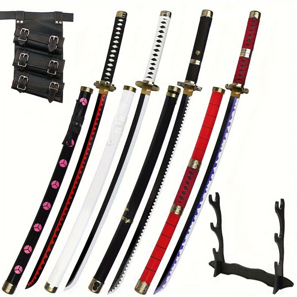 3 Piezas Set de Espadas Anime, Hoja de Bambú Segura No Afilada, Accesorio de Cosplay, Katana Espada Samurái, Regalo de Halloween y Navidad, Cinturón y Soporte para Espada