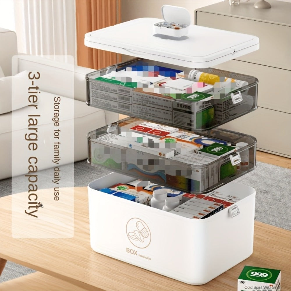 Organizador Médico de 3 Niveles - Caja de Almacenamiento de Medicina Familiar de Gran Capacidad con Cierre Seguro a Presión, Diseño Portátil Resistente para Hogar/Viajes/Oficina, Regalo Esencial Ideal para la Salud y la Seguridad