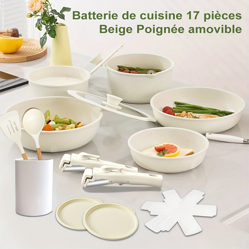 Juego de Cocina de 17 Piezas, Juego de Ollas y Sartenes Antiadherentes, Juego de Utensilios de Cocina con Sartén Profunda, Bandeja para Hornear y Otros Utensilios de Cocción, No Tóxico, Apto para Horno y Lavavajillas