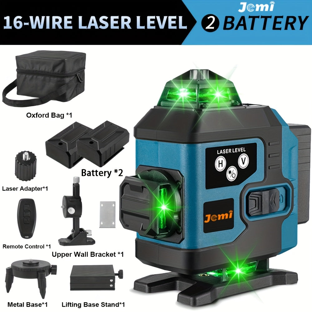 Nivel láser | Nivel Láser de 16 Líneas Jemi Tool 360 Autonivelante, Tamaño de Bolsillo 4X360 Línea Cruzada Verde, Herramienta de Nivel Láser para