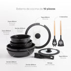 Bergner Click&Cook Batería de cocina 10 Pzs Mango extraíble, 3 Sartenes, 2 Cazos, Tapas y Utensilios Aluminio revestimiento antiadherente
