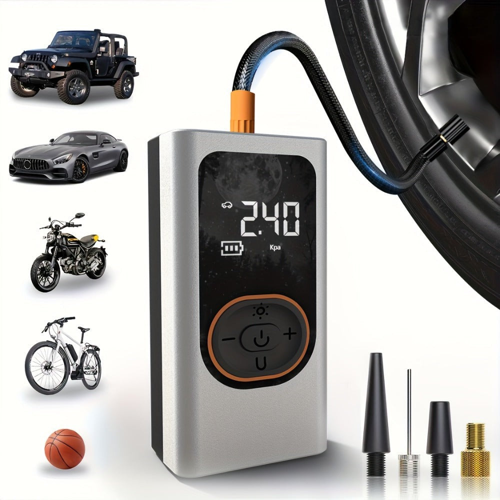Inflador de neumáticos portátil inalámbrico de 150 PSI con medidor digital y luz LED, compresor de aire recargable USB-C - Infla rápidamente coches, bicicletas, motocicletas, balones, etc., herramienta portátil para inflar neumáticos, equipo de viaje para