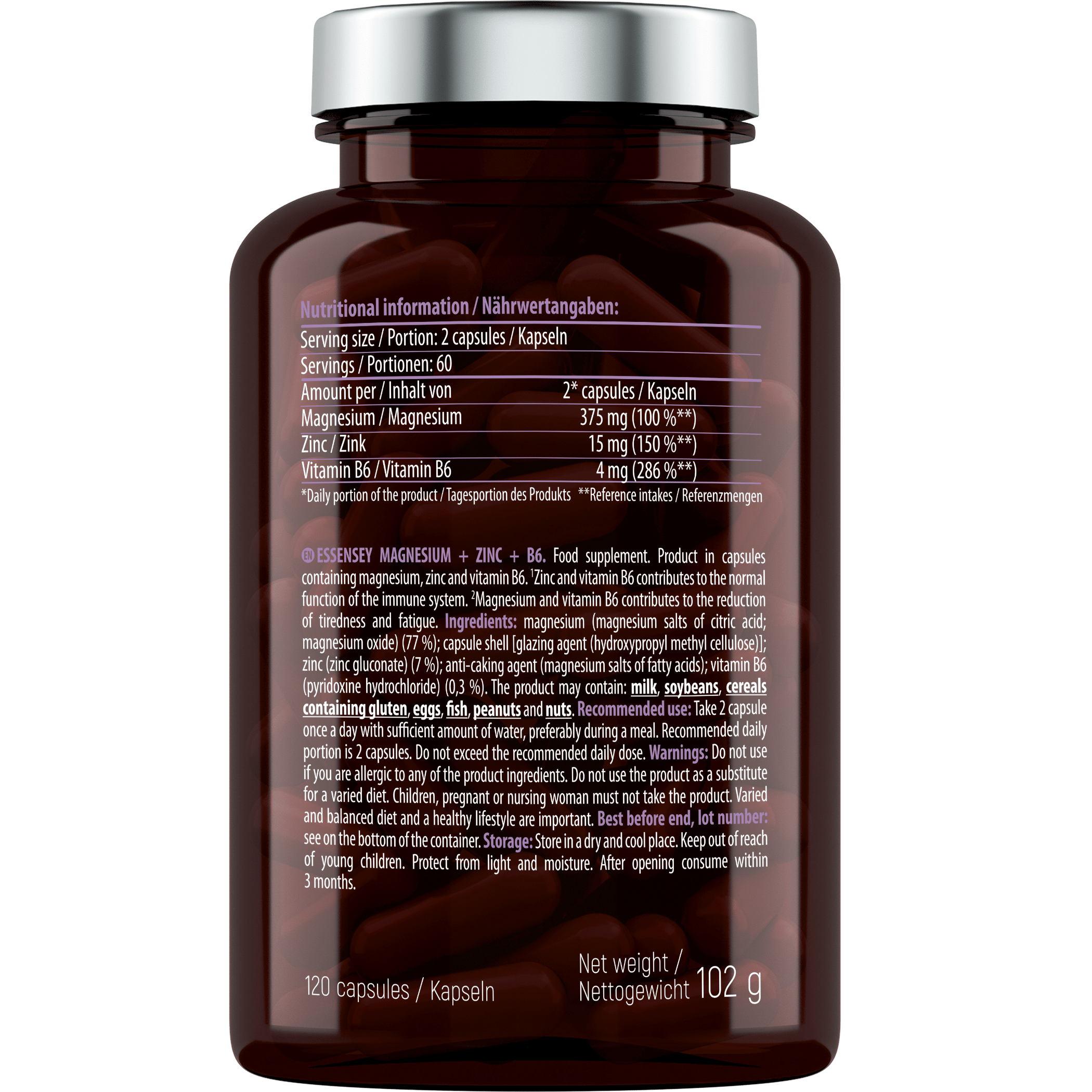 Essensey Magnesio Zinc B6 90 Cápsulas | Cápsulas Vegetales con Minerales y Vitaminas