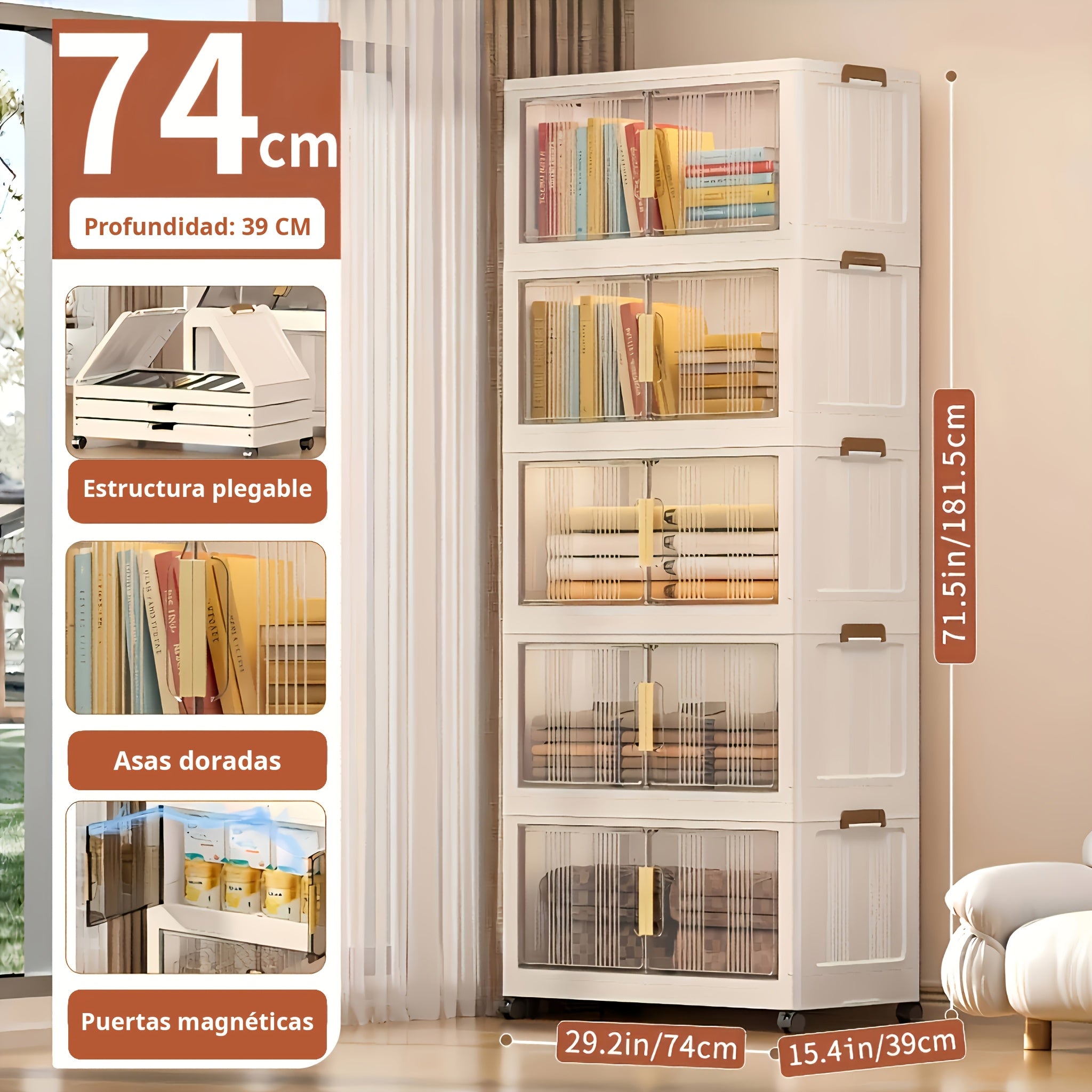 Armario de almacenamiento plegable extragrande de 74 cm, organizador apilable de 3/4/5 niveles con ruedas, puertas transparentes, manijas en tono dorado y cierre magnético para el hogar, oficina, cocina, baño y despensa