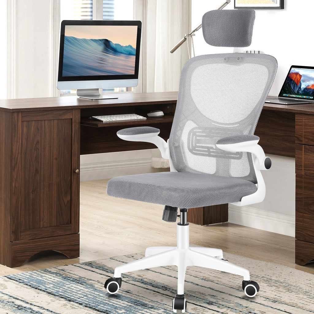 Silla de Oficina con Función de Inclinación de 105°, Silla de Oficina Ergonómica con Soporte Lumbar, Reposacabezas y Reposabrazos Ajustable, Silla Giratoria, Silla de Oficina de Altura Ajustable 120Kg, Blanca