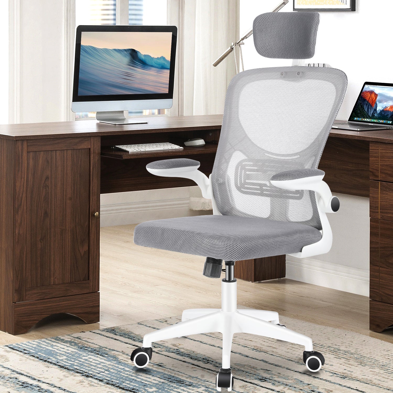 Silla de Oficina con Función de Inclinación de 105°, Silla de Oficina Ergonómica con Soporte Lumbar, Reposacabezas y Reposabrazos Ajustable, Silla Giratoria, Silla de Oficina de Altura Ajustable 120Kg, Blanca
