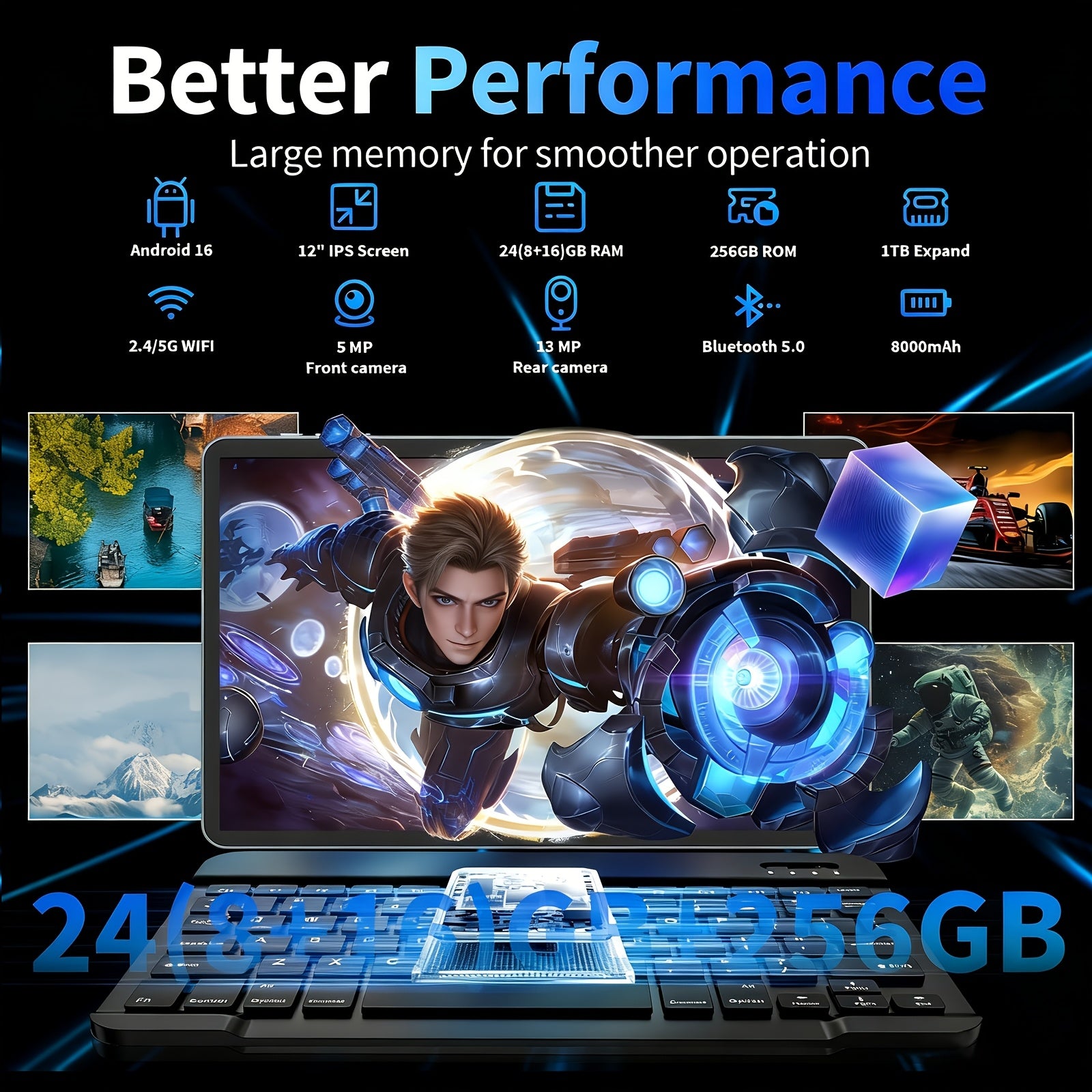 Cámara de seguridad | Tableta Android con sistema Android 16, tableta de 12 pulgadas con teclado, 24 GB (8 GB + 16 GB) RAM + 256 GB ROM, cámara
