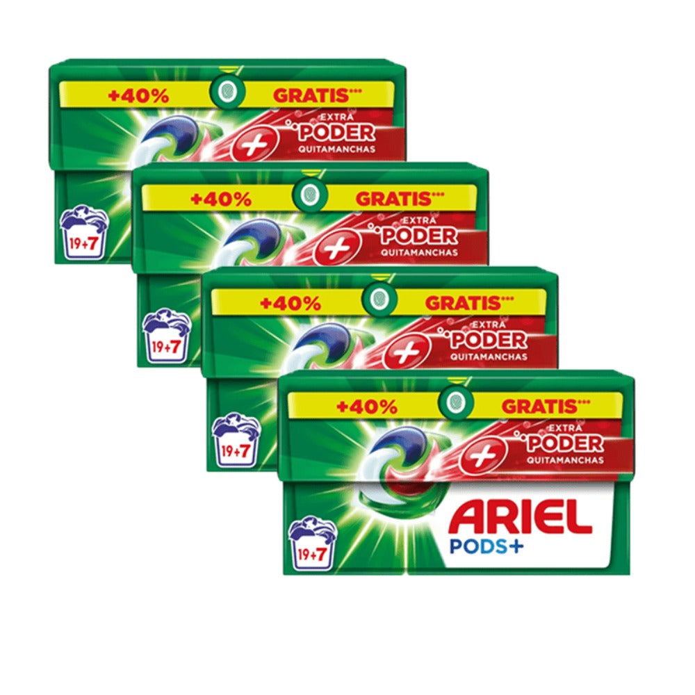 Pack De Ariel All-in-One Detergente Lavadora Líquido en Cápsulas/Pastillas,19+7 ( 26-130) Lavados, Más Poder Extra Quitamanchas, Limpieza Profunda