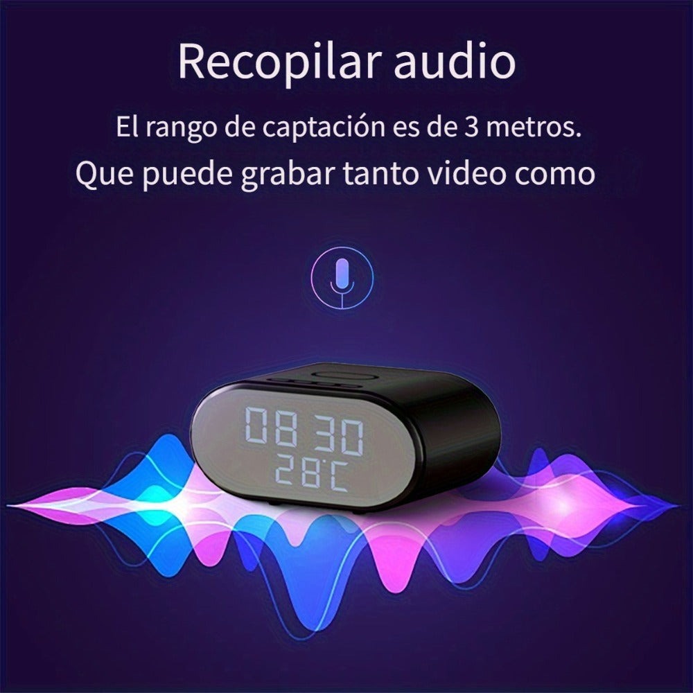Cámara de seguridad inalámbrica despertador 4K con detección de movimiento, compatible con visualización remota en tiempo real por WIFI, notificaciones de alarma por aplicación y correo electrónico, compatible con Android e IOS, carga USB, incluye tarjeta