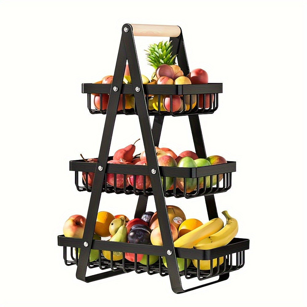 1 Cesta de Almacenamiento de Frutas de Metal de Múltiples Niveles con Asas de Madera - 2 Niveles para Frutas, Verduras y Especias - Soluciones Modernas de Almacenamiento para Cocina, Baño y Hogar, Cesta de Frutas
