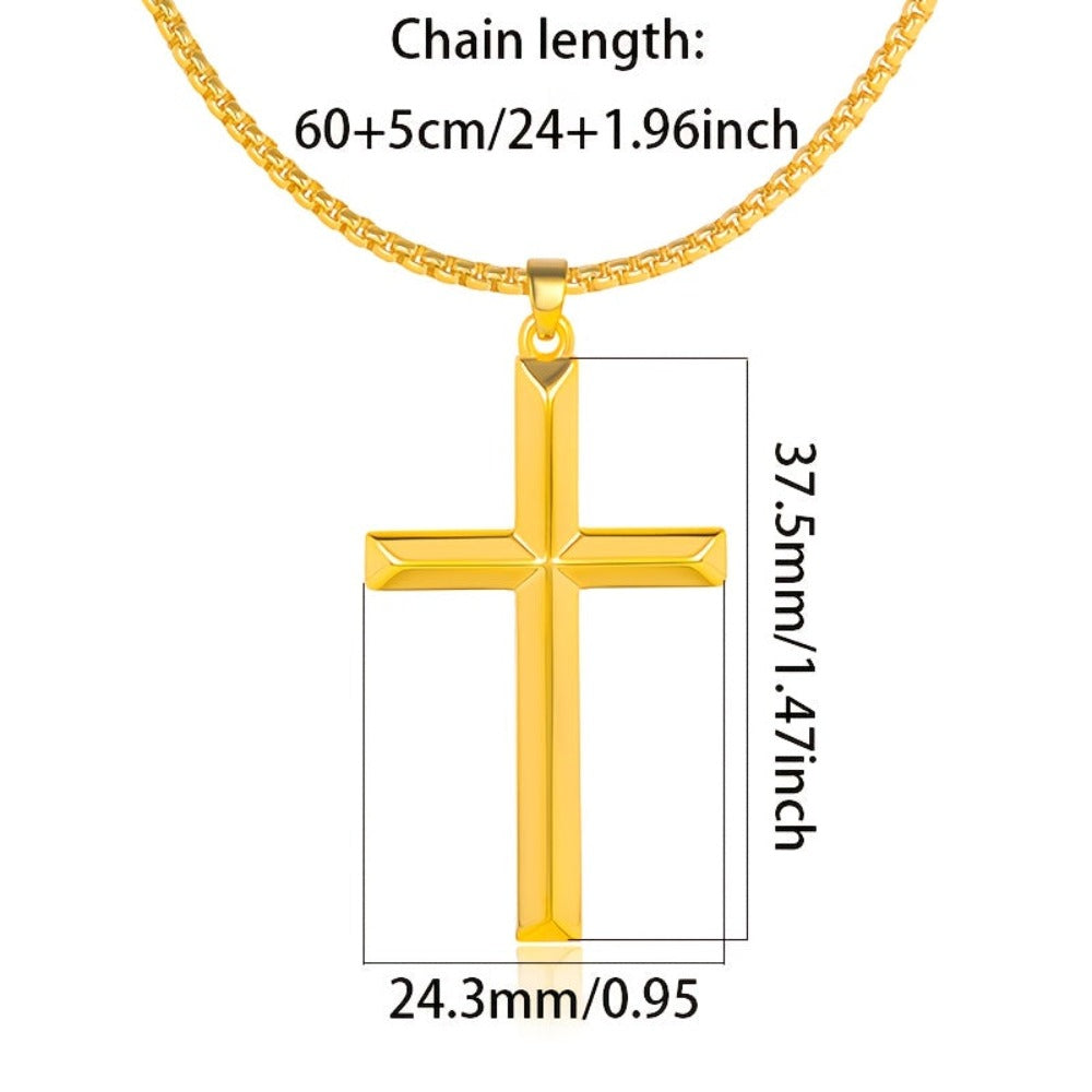 Este elegante y moderno collar con colgante para hombre está hecho de plata 925 y plateado con oro de 18K. Incluye una cadena tipo caja y un colgante de cruz tridimensional.