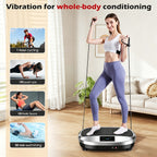 Placa de vibración de cuerpo completo con 6 programas de entrenamiento, masaje electromagnético de 120 niveles, motor silencioso, control remoto incorporado, superficie antideslizante + bandas de resistencia, equipo de fitness para el hogar de 120 kg de c
