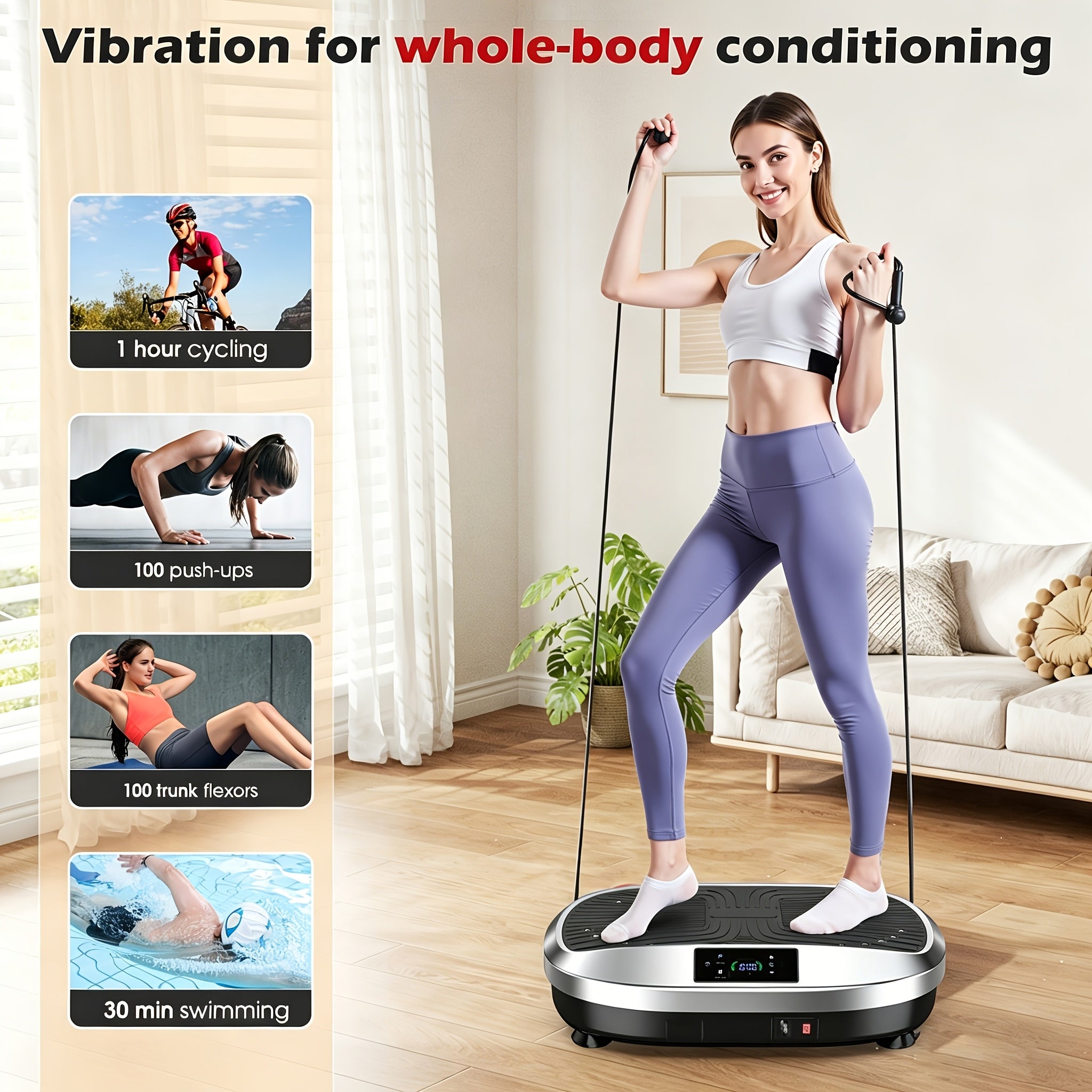 Placa de vibración de cuerpo completo con 6 programas de entrenamiento, masaje electromagnético de 120 niveles, motor silencioso, control remoto incorporado, superficie antideslizante + bandas de resistencia, equipo de fitness para el hogar de 120 kg de c