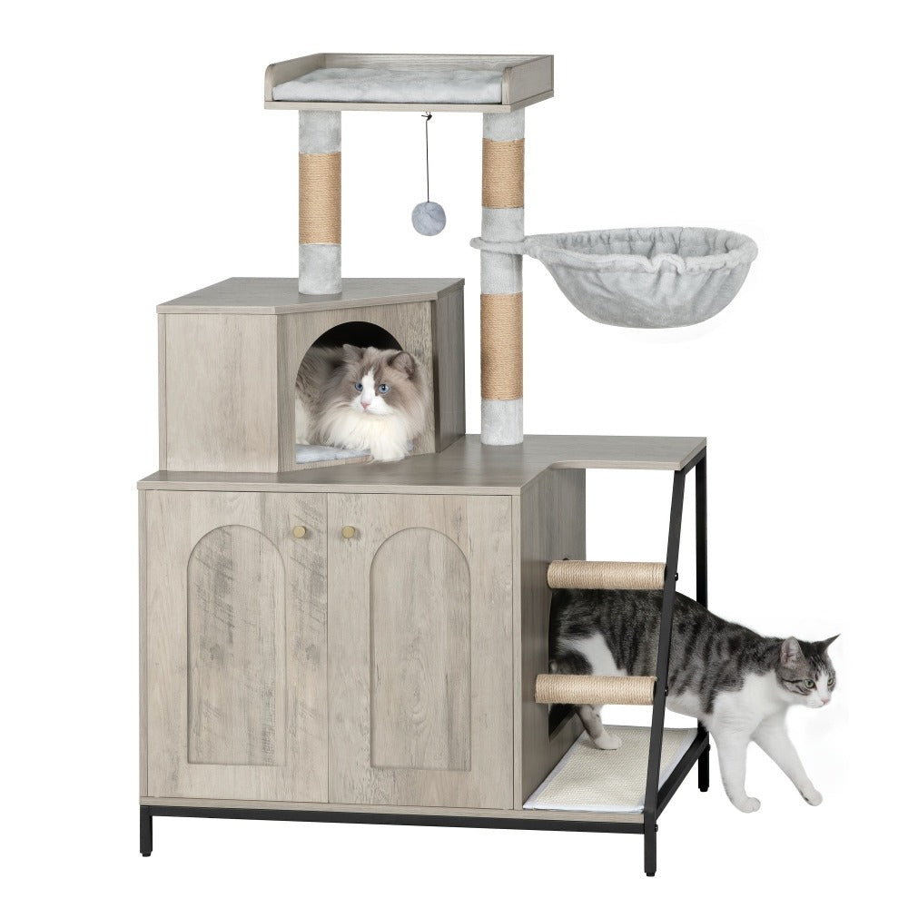 Árbol para Gatos con Gabinete para Caja de Arena, Gabinete para Gatos, Casa Moderna para Gatos 4 en 1 con Plataforma Grande, Casa para Gatos con Rascador de Sisal, Postes, Escaleras y Pompón, Cojines Lavables, Marfil Claro/Blanco