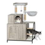 Árbol para Gatos con Gabinete para Caja de Arena, Gabinete para Gatos, Casa Moderna para Gatos 4 en 1 con Plataforma Grande, Casa para Gatos con Rascador de Sisal, Postes, Escaleras y Pompón, Cojines Lavables, Marfil Claro/Blanco