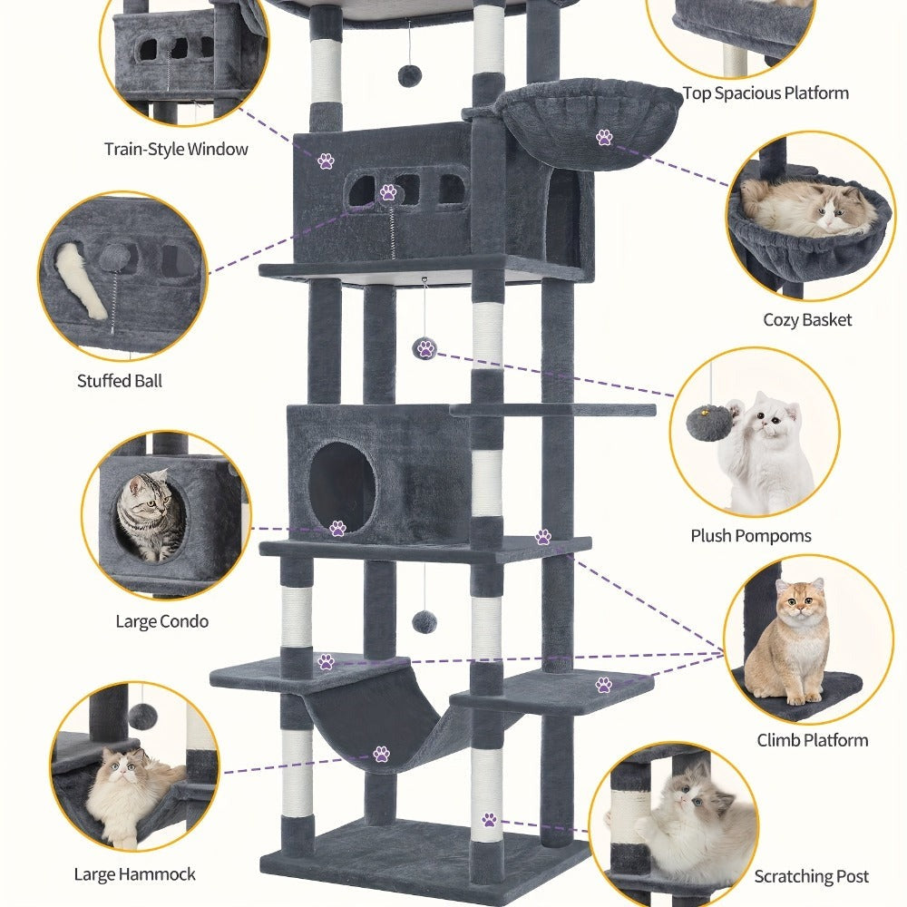 Árbol para gatos extra alto de 210 cm con 8 postes rascadores y 2 cuevas - Muebles para gatos de múltiples niveles de alta resistencia, tapete lavable, hamaca y pelotas de felpa - Torre para gatos grande con base resistente