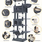 Árbol para gatos extra alto de 210 cm con 8 postes rascadores y 2 cuevas - Muebles para gatos de múltiples niveles de alta resistencia, tapete lavable, hamaca y pelotas de felpa - Torre para gatos grande con base resistente