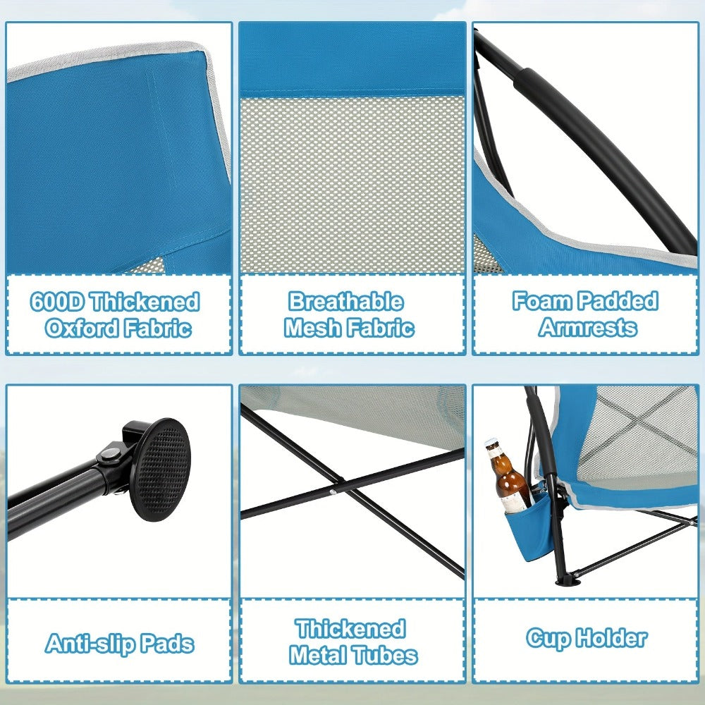 Silla de camping plegable para exteriores, 1 pza./2 pzas., con portavasos y bolso de mano, reposabrazos acolchados engrosados, respaldo de tela de malla transpirable, silla de pesca con portavasos + juego de bolso de mano, portátil, adecuada para camping,