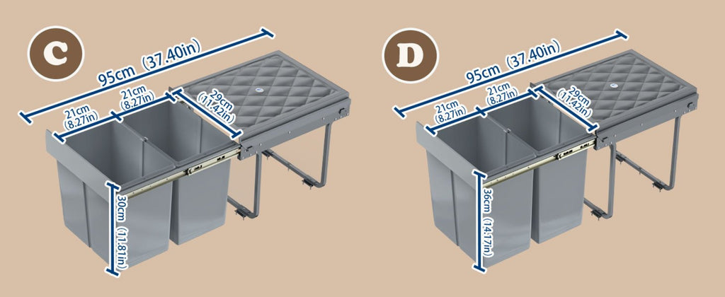Cubo de Basura Empotrado Debajo del Gabinete, Contenedor de Residuos de Cocina, Recogedor de Basura Extensible, Sistema de Separación de Residuos con Rieles Telescópicos, Gris
