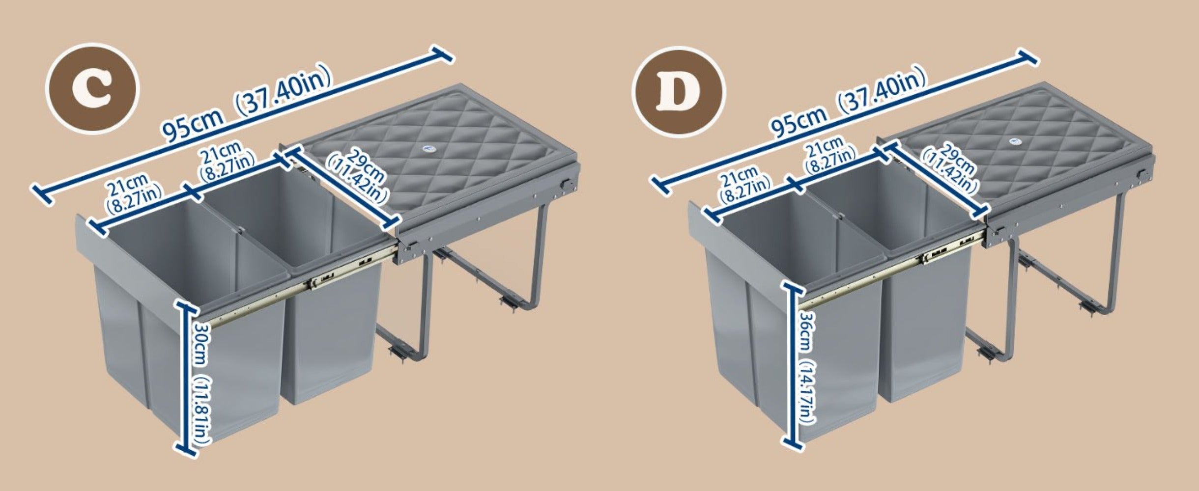 Cubo de Basura Empotrado Debajo del Gabinete, Contenedor de Residuos de Cocina, Recogedor de Basura Extensible, Sistema de Separación de Residuos con Rieles Telescópicos, Gris