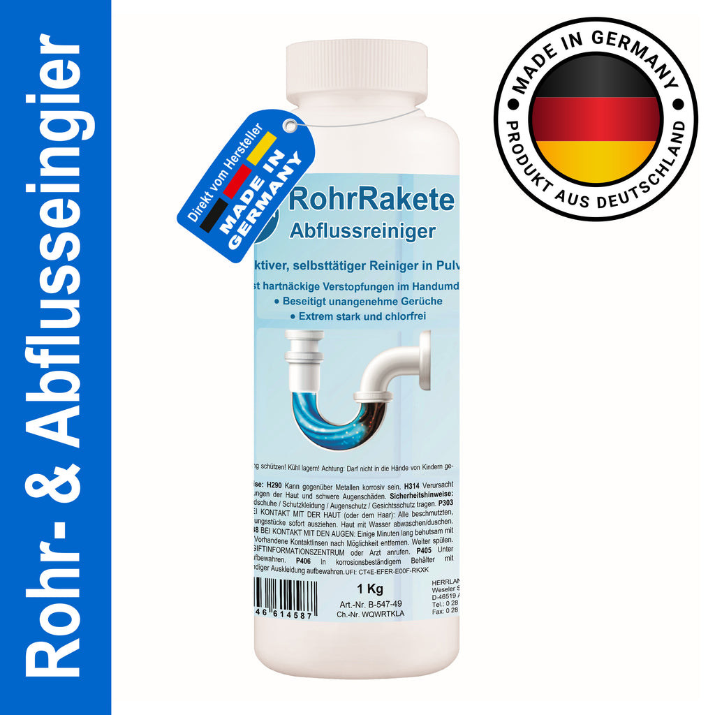 HERRLAN® Limpiador de Tuberías Rocket 1 kg – Granulado Potente para Eliminar Atascos – Limpiador Profesional de Desagües para Cocina, Baño, Inodoro y Ducha – Hecho en Alemania
