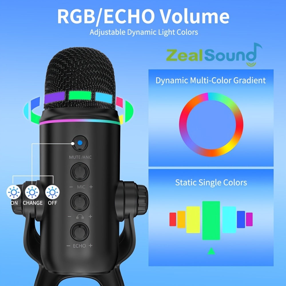 Micrófono Gaming Condensador USB Zealsound, Mic RGB Plug and Play con Reducción de Ruido, Control de Ganancia Silencio y Reverb, Jack de Monitor de 3.5 mm para PC, Teléfono, Transmisión en Vivo, Grabación de Podcast