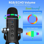Micrófono Gaming Condensador USB Zealsound, Mic RGB Plug and Play con Reducción de Ruido, Control de Ganancia Silencio y Reverb, Jack de Monitor de 3.5 mm para PC, Teléfono, Transmisión en Vivo, Grabación de Podcast
