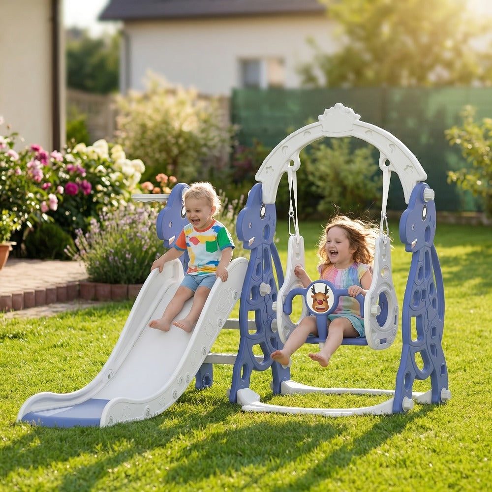 Tobogán infantil arqueado 4 en 1, tobogán infantil con columpio y canasta de baloncesto, longitud del tobogán 145 cm, apto para toboganes infantiles de interior y exterior, toboganes de jardín, toboganes para niños pequeños, parques infantiles