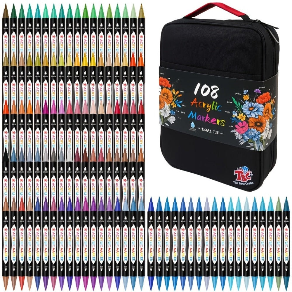TBC The Best Crafts Plumas de caligrafía de punta doble 48/108, bolsa de lona de primera calidad con diseño de doble cremallera, no tóxicas, inodoras, aptas para papel, cerámica, piedras, vidrio, pintura al aire libre, para uso artístico profesional