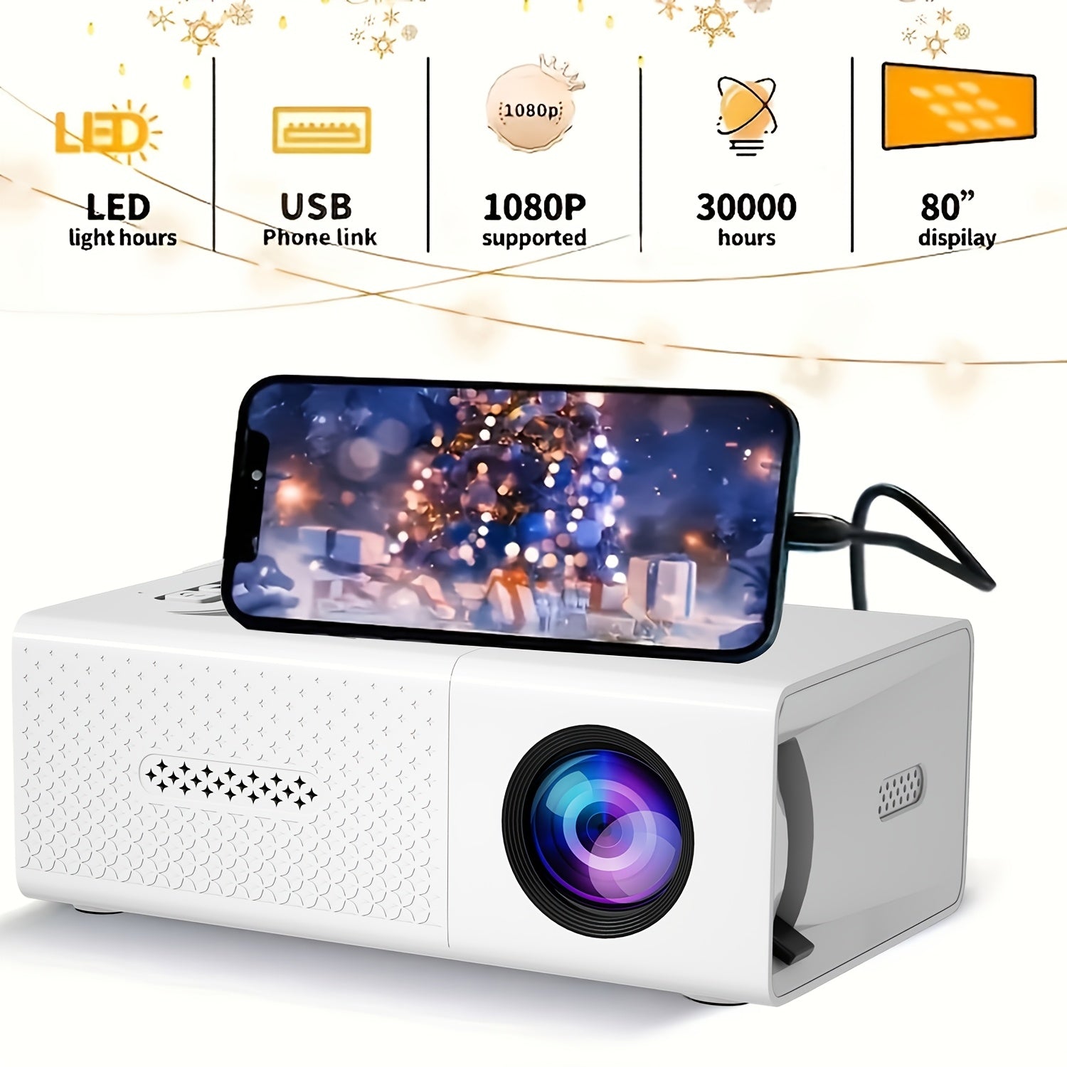 Proyector | Proyector portátil, compatible con 1080P, conexión USB, control remoto - Compatible con smartphones, tabletas, portátiles, TV Sticks