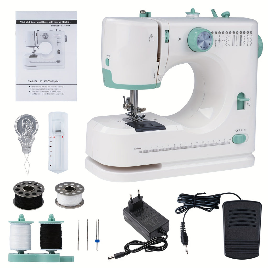 Mini Máquina de Coser con Pedal para Adultos, Máquina de Coser Multifuncional para el Hogar, 12 Puntos, Portátil, Eléctrica, para Principiantes y Aficionados al Costurero, Enchufe EU