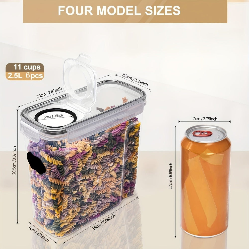 Juego de 6 recipientes herméticos de 2.5L para almacenamiento de alimentos, color , con tapas para organización y almacenamiento de despensa de cocina, frascos de plástico para cereales, pasta, harina y azúcar - Juego de cucharas, etiquetas y marcadores,