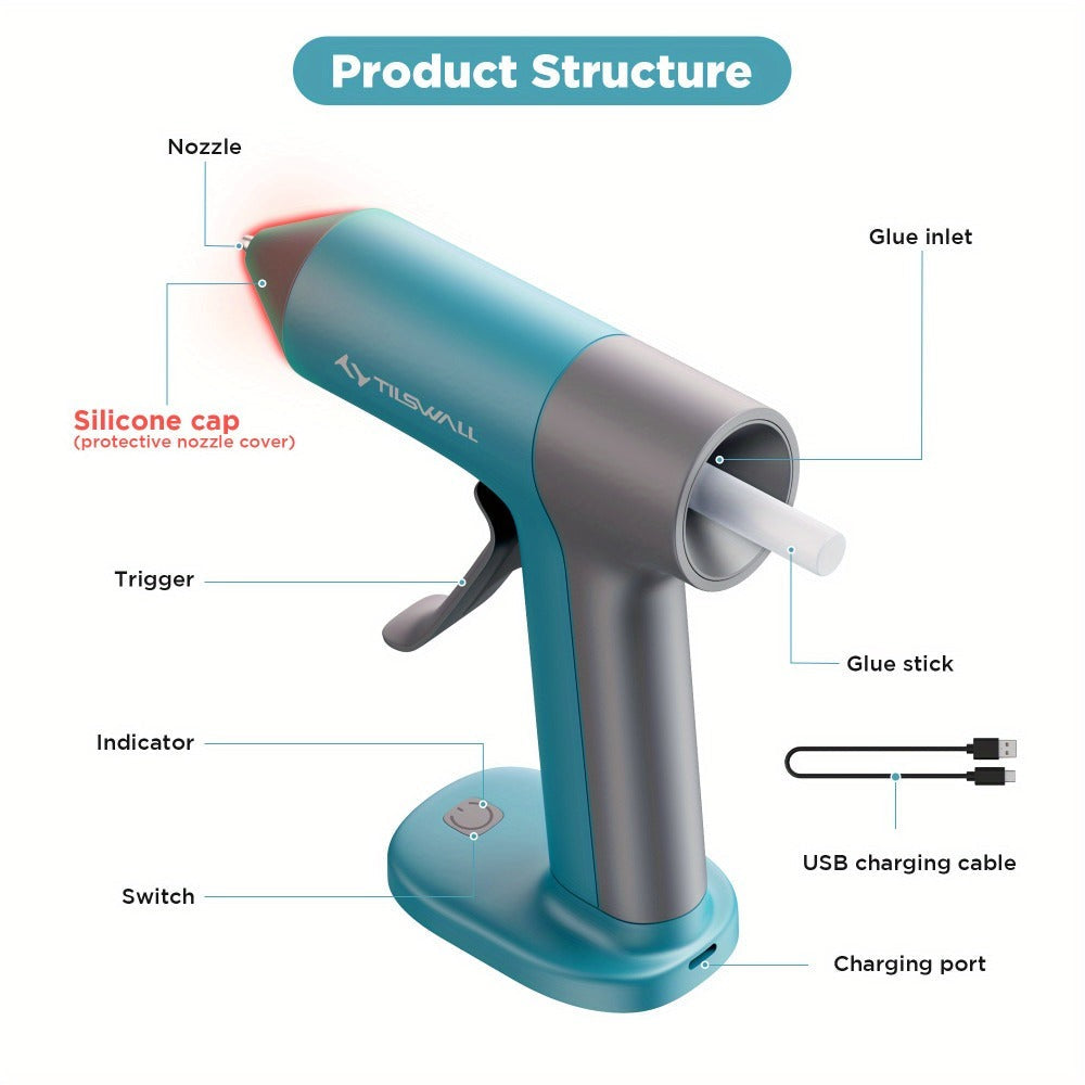[Incluye 20 Barras de Pegamento] Pistola de Pegamento Caliente, Precalentamiento Rápido en 30s, con Batería de 2000mAh, Carga Rápida USB-C, Apagado Automático Inteligente y Punta Antigoteo, 20 Barras de Pegamento de Alta Adhesión de Tamaño Completo, Compa