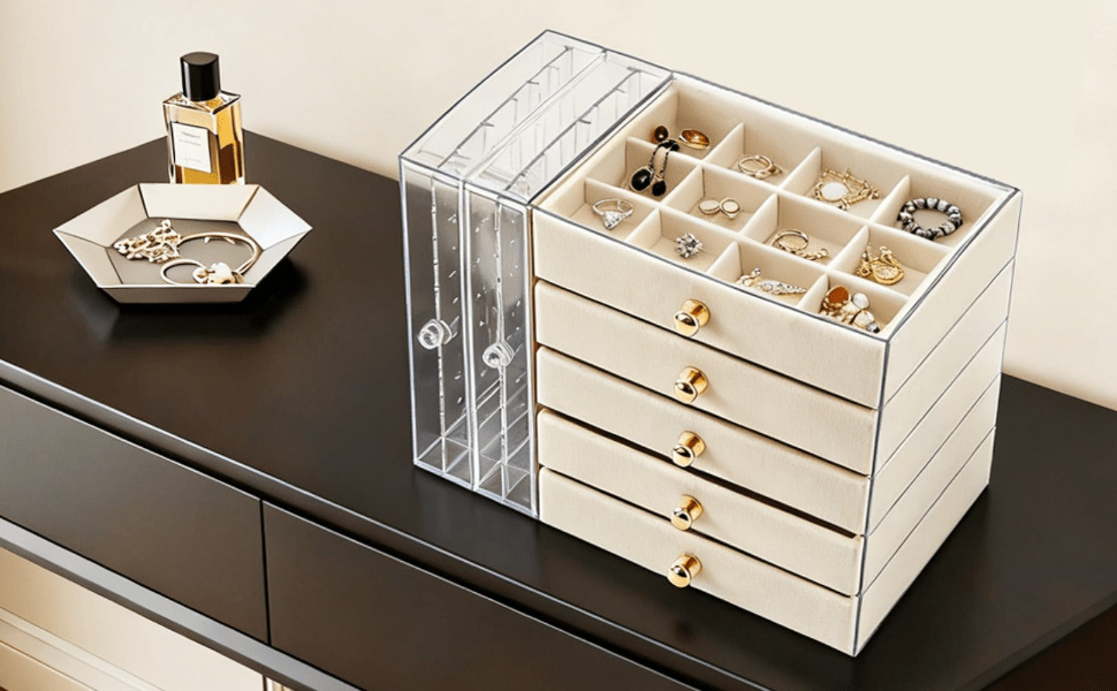 Caja de almacenamiento de joyas de gran capacidad con cajones y puerta lateral transparente, organizador multicapa para aretes, collares, anillos y pulseras, elegante solución de almacenamiento para tocador, joyeros
