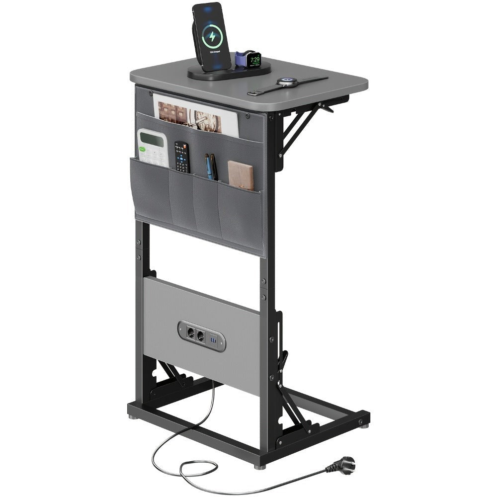 Mesa Auxiliar Plegable con Enchufe y Puertos USB Incorporados, Mesa de Noche Ajustable con Organizador de Almacenamiento para Sofá, Cama, Oficina en Casa