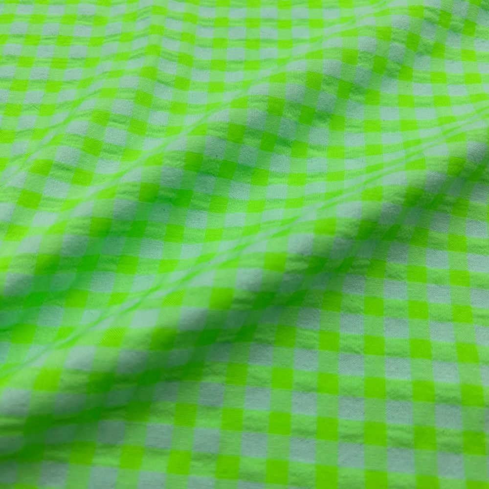 Tela Seersucker, 60% Algodón, 40% Poliéster Reciclado GRS, Camisería, Prendas Moda, Cuadros Vichy, verde Flúor