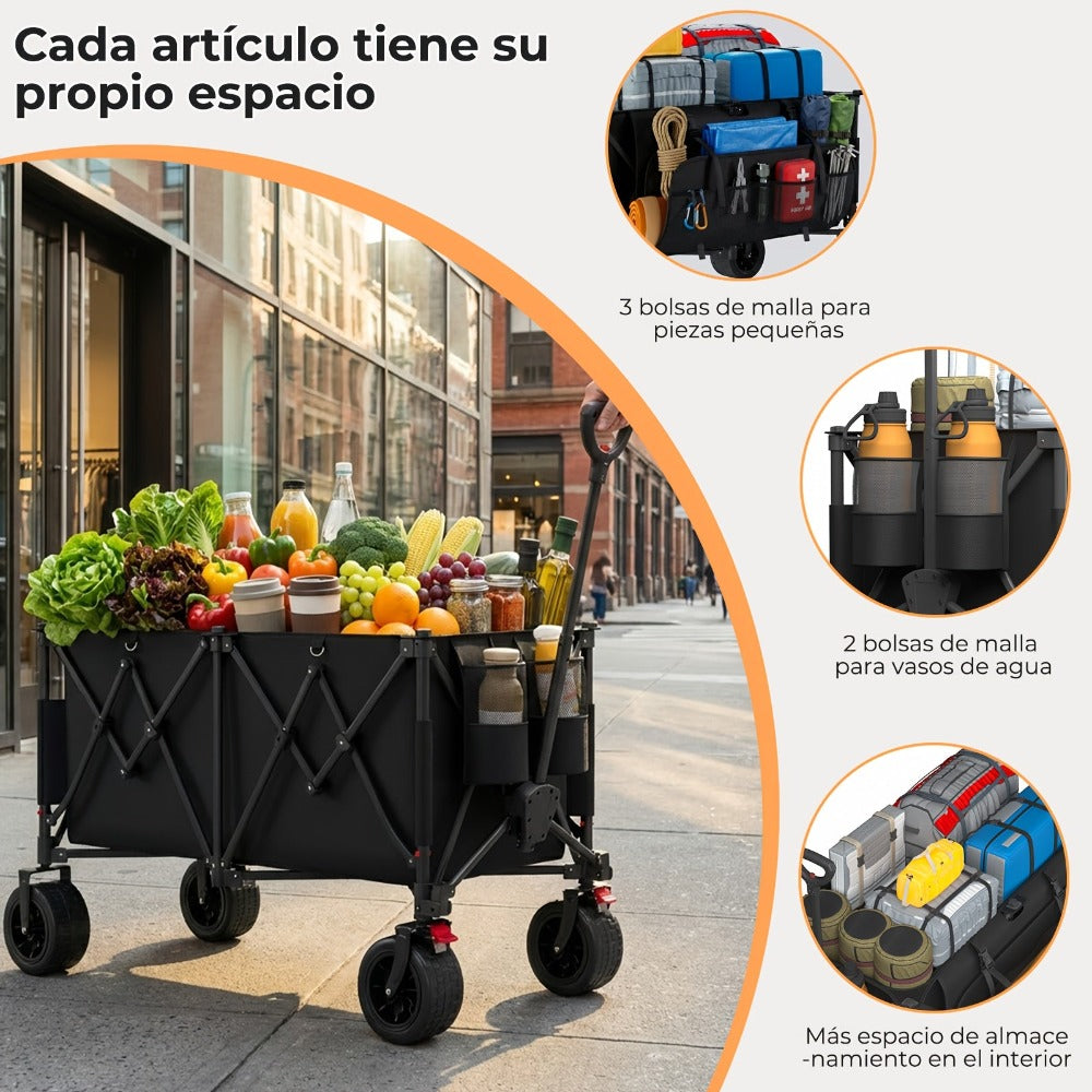 Carro plegable todoterreno de alta resistencia de 300L, carro profesional con certificación GS, ruedas de PU de 17cm con frenos, lona duradera gris oscuro Jet Black, plegable para sitios de construcción/camping, carro profesional