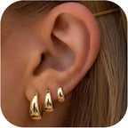 Set de 3 Pares de Aretes de Aro Dorados para Mujer, Aretes Dorados Plateados de 14K, Aretes de Aro Hipoalergénicos Pequeños, Aretes de Aro Ligeros, Aretes de Aro Gruesos Pequeños de Moda, Apilables para Múltiples Piercings