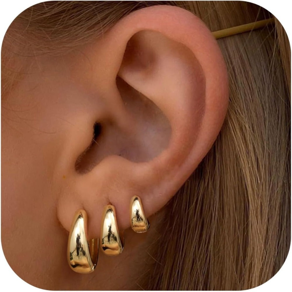 Set de 3 Pares de Aretes de Aro Dorados para Mujer, Aretes Dorados Plateados de 14K, Aretes de Aro Hipoalergénicos Pequeños, Aretes de Aro Ligeros, Aretes de Aro Gruesos Pequeños de Moda, Apilables para Múltiples Piercings