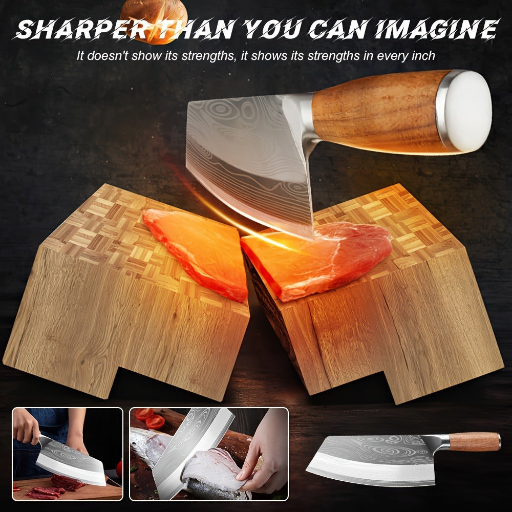 Cuchillo de Cocina Damasco, Maza de Carne y Verduras Forjada a Mano con una Hoja Afilada y un Mango Ergonómico Antideslizante Diseñado Específicamente para la Preparación Culinaria Presentado en una Elegante Caja de Regalo Ideal Como Regalo de Vacaciones