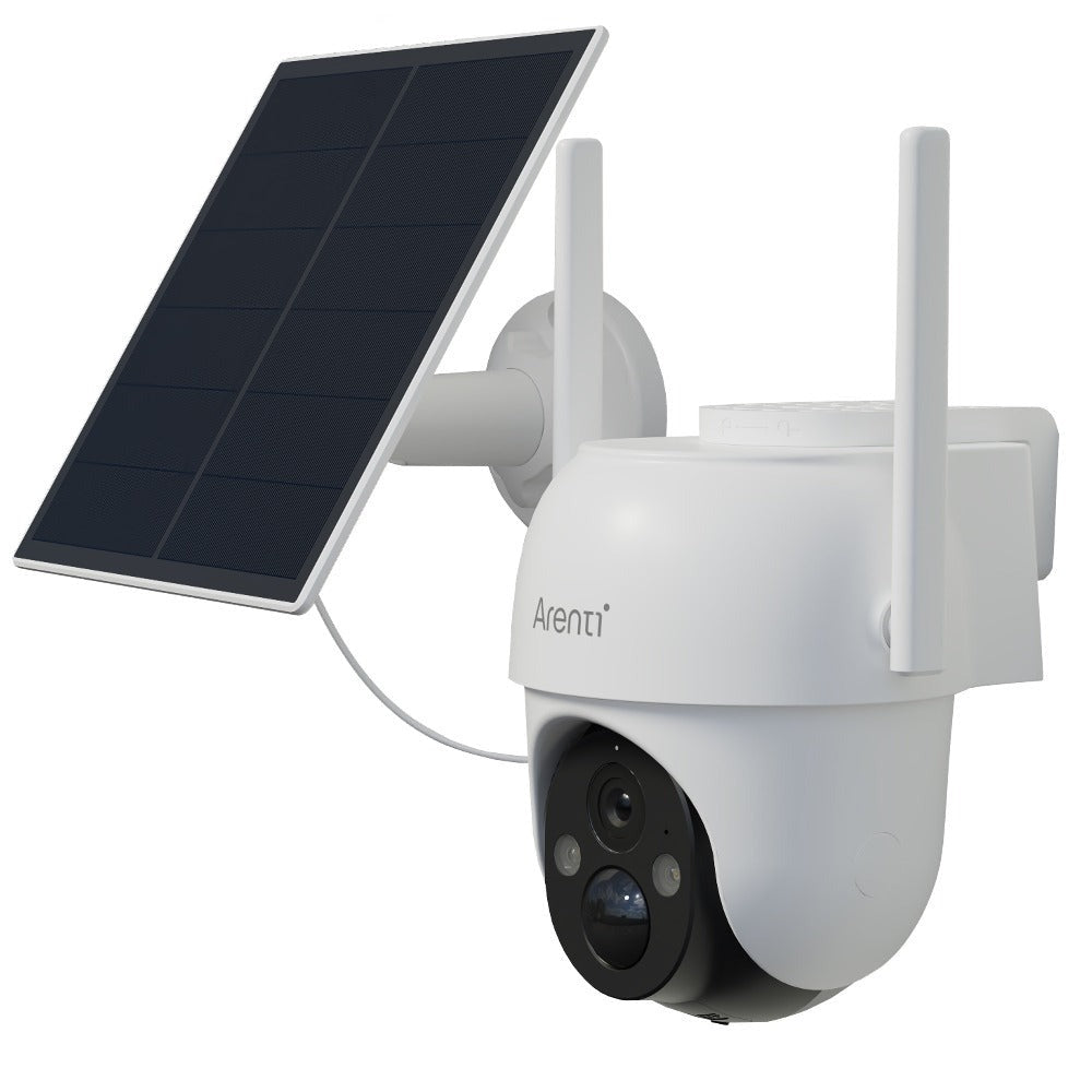 Cámara de seguridad exterior Arenti de 3MP con energía solar, PTZ 360° Pan-Tilt-Zoom, visión nocturna a color, sensor de movimiento PIR, audio bidireccional, foco y alarma de sirena, alta calidad, WiFi inalámbrico, alimentada por batería y USB, grabación