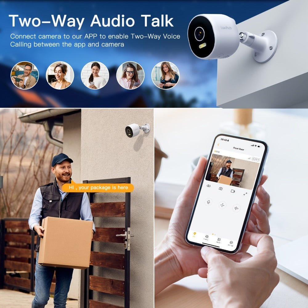 1/2/4 piezas Laxihub 3MP 1296P Cámaras de seguridad Wi-Fi para exteriores, Cámara interior para seguridad del hogar, para vigilancia de puertas domésticas, Audio bidireccional, Almacenamiento en la nube/tarjeta SD, Visión nocturna a todo color, Cámara dig