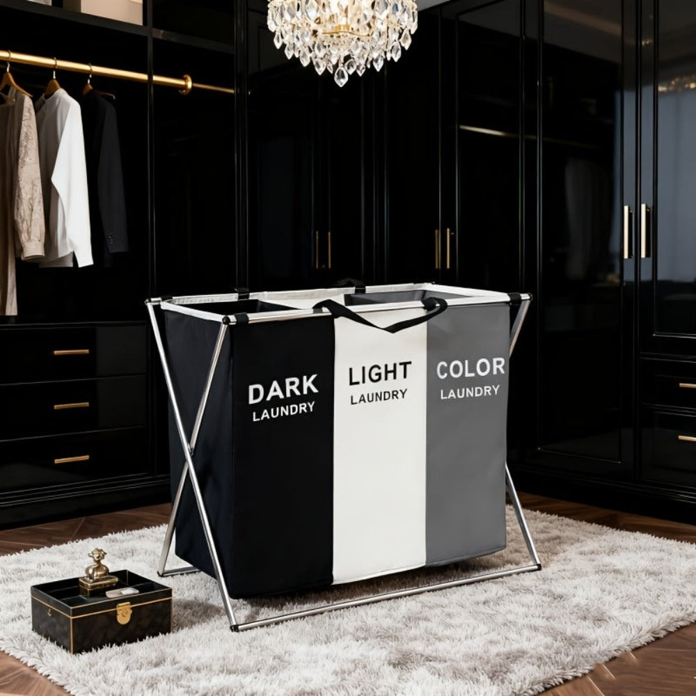 Cesto de lavandería plegable extra grande con tres compartimentos, cesta clasificadora de ropa plegable - Tela Oxford, estructura de aluminio duradera, bolsa de almacenamiento portátil y rectangular con asas - Perfecto para usar en el baño o el dormitorio
