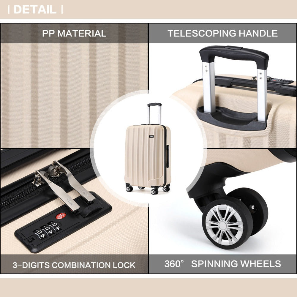 3 piezas de conjunto de maleta de cabina Beige ABS carcasa dura Carry On Trolley Case equipaje de mano ligero con 4 ruedas y cerradura de combinación