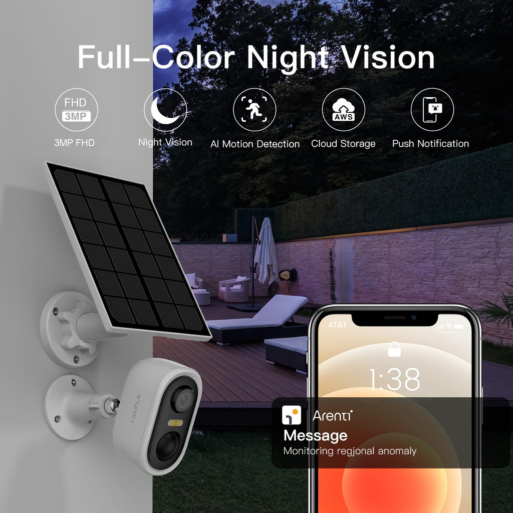 Cámara de seguridad | Laxihub Cámara de Seguridad Inalámbrica con Panel Solar, Cámara Exterior FHD con Visión Nocturna a Color, 3MP 1296P de Alta