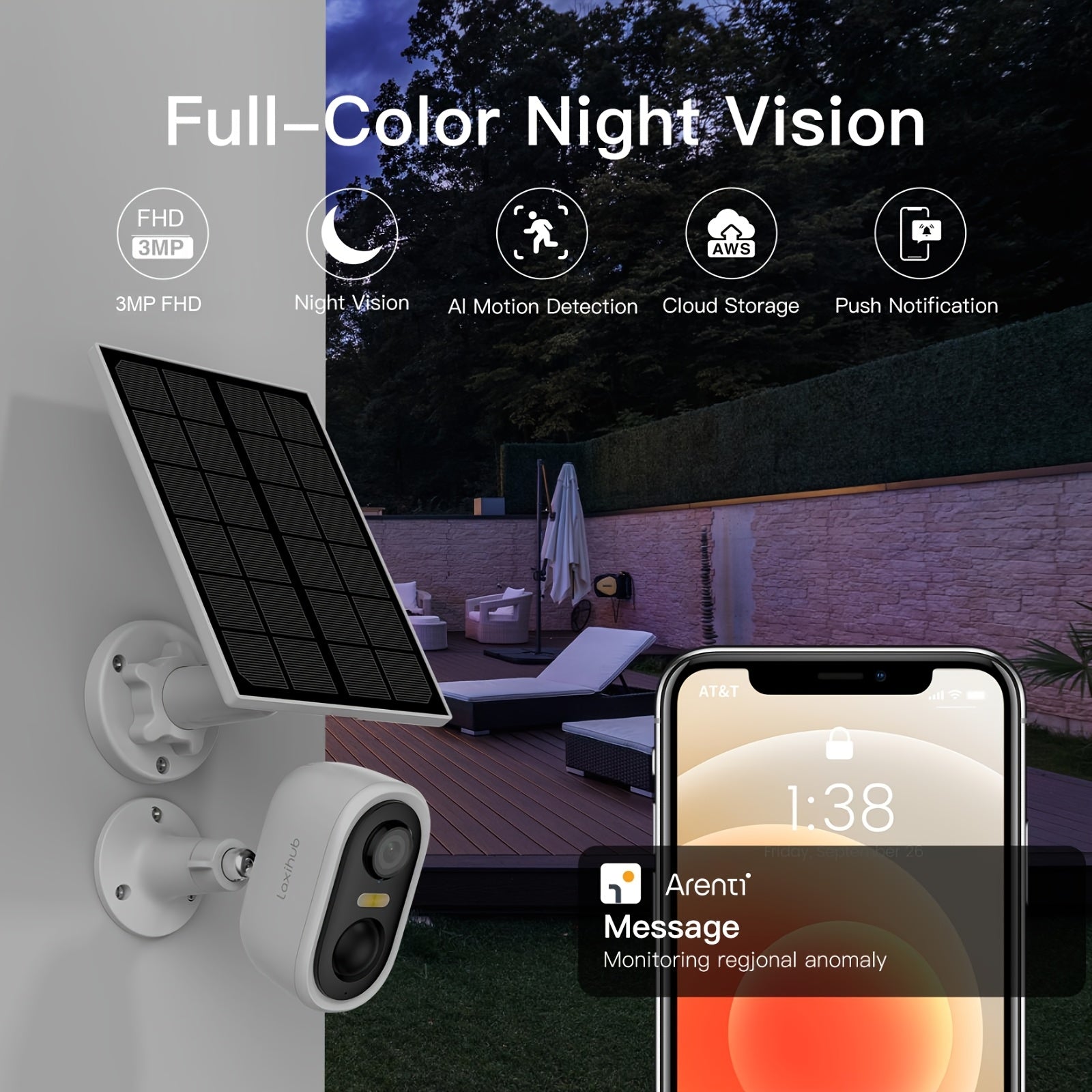 Cámara de seguridad | Laxihub Cámara de Seguridad Inalámbrica con Panel Solar, Cámara Exterior FHD con Visión Nocturna a Color, 3MP 1296P de Alta