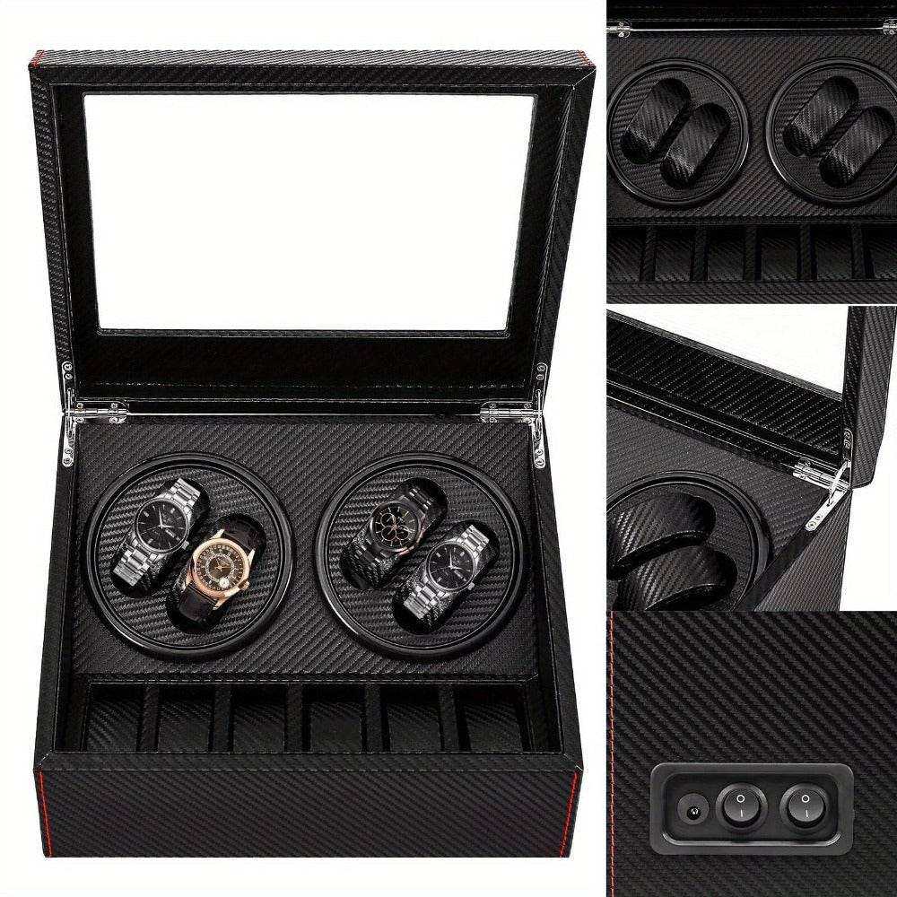 Caja de giro automático RIBASUBB - Diseño de fibra de carbono, 4+6 compartimentos para almacenamiento seguro, negro con acentos rojos, compacta y duradera para relojes y joyas, caja de giro para relojes, organizador de joyas, elegante estuche de accesorio
