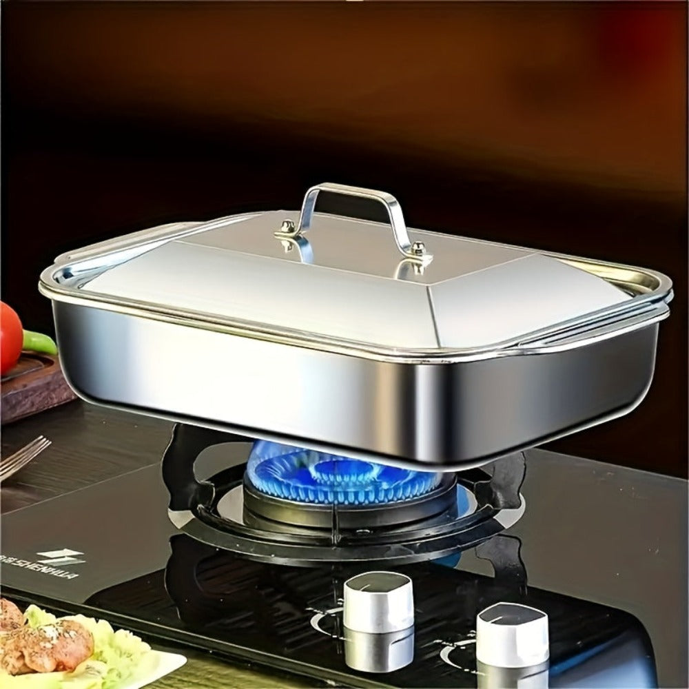 Juego de Bandejas para Hornear de Acero Inoxidable, Bandeja Metálica con Tapa, Diseño de Bordes Altos para Mayor Capacidad, Resistente al Calor hasta 230°C, Fácil de Limpiar, Bandeja para Asar Adecuada para Guisos/Lasaña/Pollo/Verduras